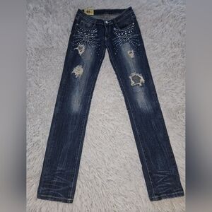 Machine Pour Neuf Mode Jeans Rhinestone Accents Distressed Ripped Womens 28 Blue